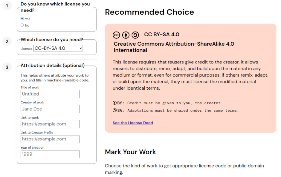 Creative Commons license chooser tool and licensing settings