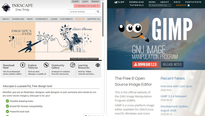 Screenshot of the GIMP and Inkscape websites
