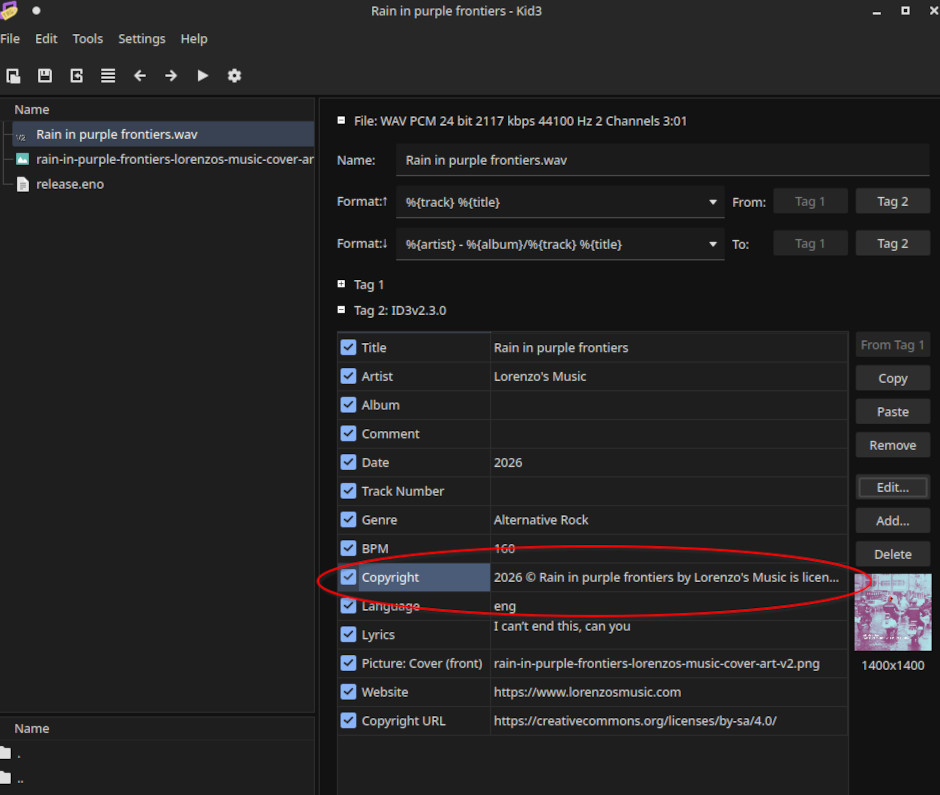 screenshot of Kid3 ID3 audio tagging software